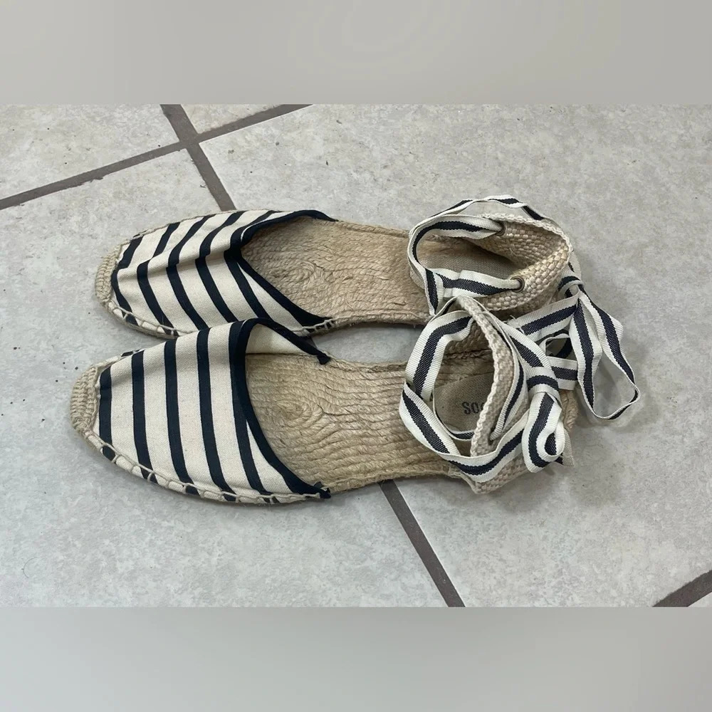 Soludos Cream Black Striped Nautical Strappy Ankle Tie Espadrilles Flats Sz 9.5 - Picture 4 of 13
